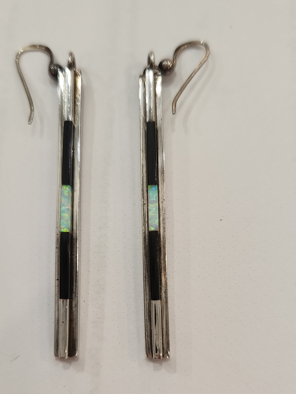 Signed Sterling Silver Onyx And Opal Earrings